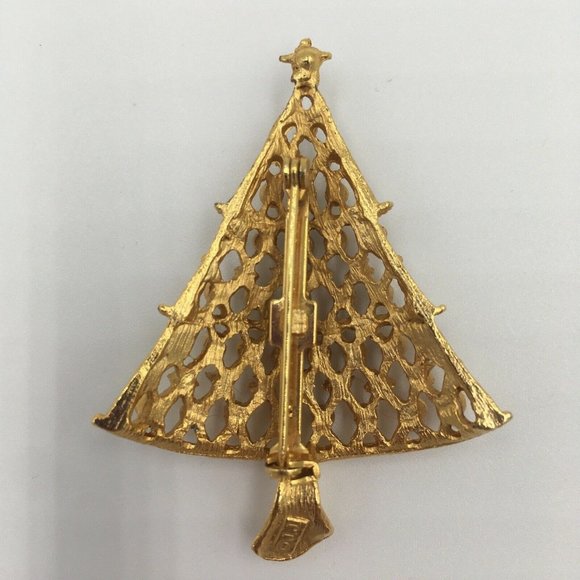 Vintage J.J. Jonette Christmas Tree BROOCH Pin, OPEN WORK, Stars, Rhinestones - Picture 2 of 4